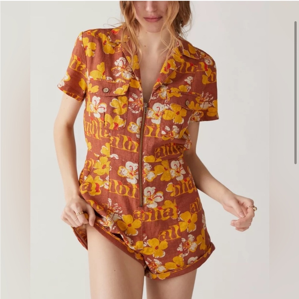 Urban Outfitters redhook linen Coverall romper - aloha zip front small